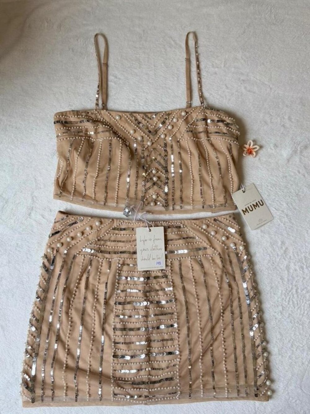 Show me your mumu beige sequin pearl spaghetti strap set Size M